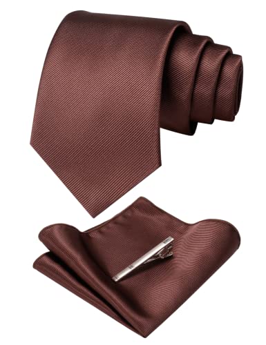 JEMYGINS Solid Color Formal Necktie and Pocket Square Tie Clip Sets for Men - color: Chocolate