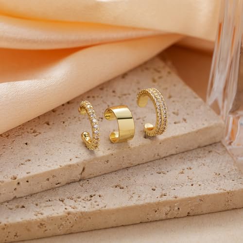 OOOPEL 3 Pairs 14K Gold Plated Ear Cuffs Non Piercing Lightweight Stackable Chunky Earring Cuff for Women Adjustable Non-Fading Fake Earrings Suitable for Christmas Gift - style: Double CZ