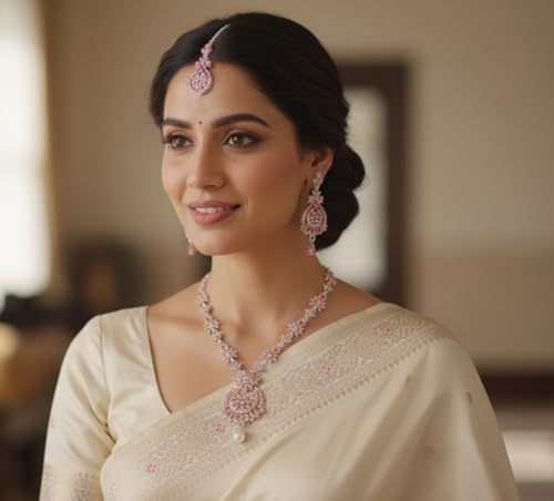 Touchstone Indian jewelry sets for women maang tikka wedding guest gold necklace bollywood jewellery set pageant elegant prom bride accessories western crystal chunky rhinestone necklaces - color: Pink rose in silver plating