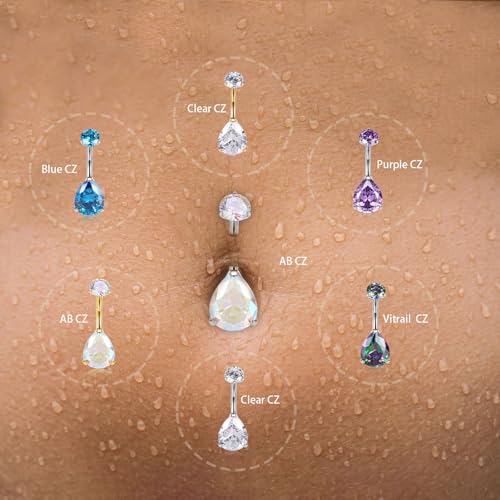 AROWRO Gold Belly Button Ring G23 Titanium Hypoallergenic 14G belly ring for Women Men Teardrop Navel Piercing Jewelry 10mm Barbell With Cubic Zircon - color: Silver+Teardrop AB CZ