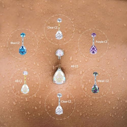 AROWRO Gold Belly Button Ring G23 Titanium Hypoallergenic 14G belly ring for Women Men Teardrop Navel Piercing Jewelry 10mm Barbell With Cubic Zircon - color: Silver+Teardrop AB CZ
