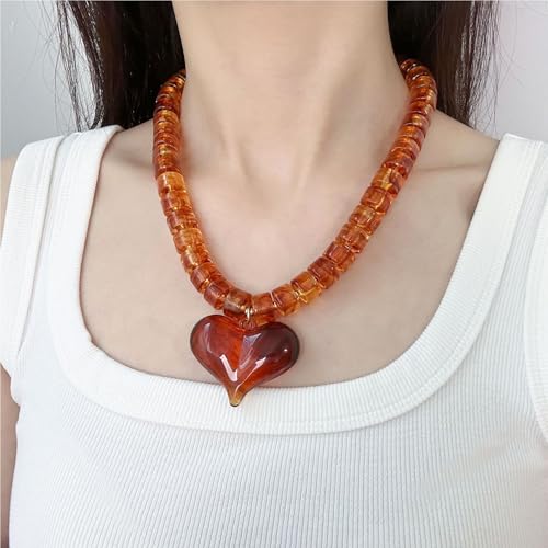 Chunky Heart Necklaces for Women Colorful Resin Beaded Necklaces for Women Gold Puffy Heart Statement Necklace Trendy Acrylic Choker Jewelry Gift - color: Brown