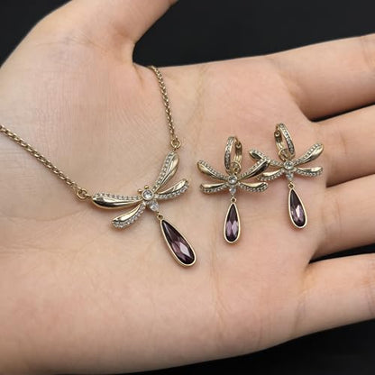 Gold Dragonfly Jewelry Set, Purple Teardrop Crystal Paved Wing Pendant Necklace & Leverback Earrings