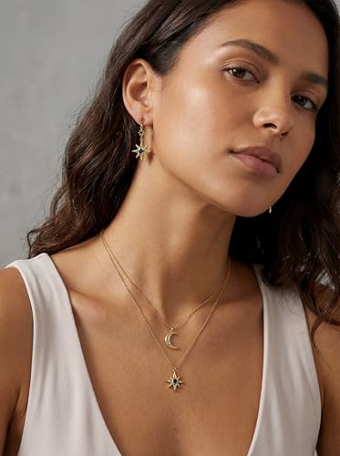 Celestial Star Moon Pendant Necklaces for Women Trendy, 14K Gold Plated Dainty Charm Necklaces with Green Blue Zircon, Gold Pendant Necklace for Wedding & Everyday Wear - style: Moon & Star Layered Necklace