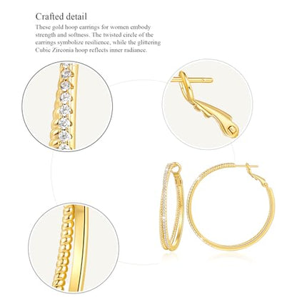 SANDRA REDD Gold Hoop Earrings 14K Gold Earrings for Women Gold Earrings | Cubic Zirconia 14K Gold Hoop Earrings for Women Hypoallergenic Lightweight Gold Hoop Earrings for Women 25/30/40mm - size: 30mm