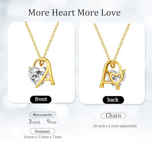 ForeverLove Heart Necklaces for Women, 4-2 Carats Heartshap Moissanite, Silver Pendant Jewelry, Anniversary Birthday Gifts for Wife, Girlfriend, Daughter, Mom - style: 3ct Heart Moissanite+ Gold Initial A
