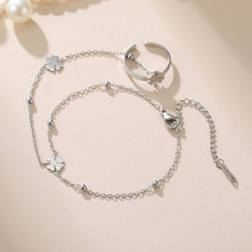 UNIFT Hand Chain Bracelets for Women Set Stainless Steel Adjustable Heart or Four-Leaf Clover Ring Chain Bracelet Trendy Dainty Jewelry Set Gifts - color: silver 2