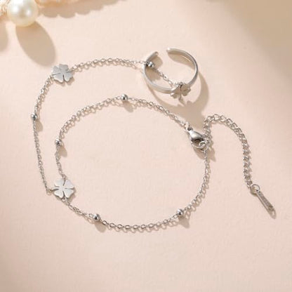 UNIFT Hand Chain Bracelets for Women Set Stainless Steel Adjustable Heart or Four-Leaf Clover Ring Chain Bracelet Trendy Dainty Jewelry Set Gifts - color: silver 2