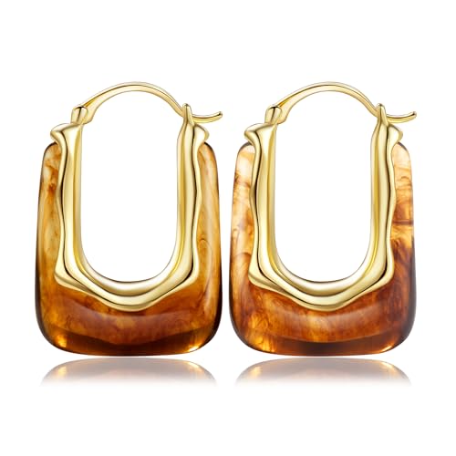 Resin Gold Hoop Earrings Chunky Statement Acrylic Huggie Dangle Fun Jewelry | Colorful Summer Hypoallergenic Drop U Hoops Boho Cute Western Vintage Unique Funky Beach Vacation Outfits for Women Trendy - color: Amber, size: Huggie
