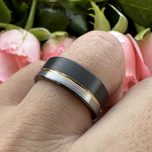 TUTISS 8mm Black/Blue/Gold/Rose Gold Tungsten Rings for Men Women Fashion Engagement Wedding Bands Brushed Finish Offset Line Comfort Fit - color: 8mm Black Gold Tungsten