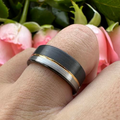TUTISS 8mm Black/Blue/Gold/Rose Gold Tungsten Rings for Men Women Fashion Engagement Wedding Bands Brushed Finish Offset Line Comfort Fit - color: 8mm Black Gold Tungsten