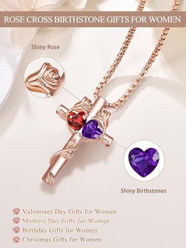 Rose Gold Cross Necklace with 2 Birthstones and Rose | Cross with Birthstone Necklace, Hypoallergenic, Adjustable Rolo Chain, Birthday Gifts, Catholic Christian Religious Jewelry - color: 01-02-Jan-Feb Birthstone