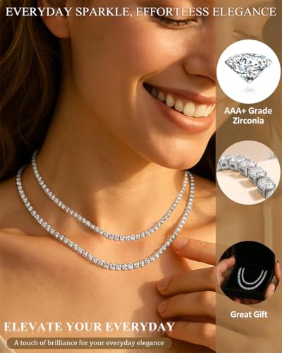 Double Layer Tennis Necklaces for Women - Dainty Gold and Silver CZ Tennis Necklace Simple Tennis Chain Sparkly CZ Choker Necklaces for Women Trendy Silver Jewelry - color: Silver, style: 14inch/3mm & 16inch/4mm