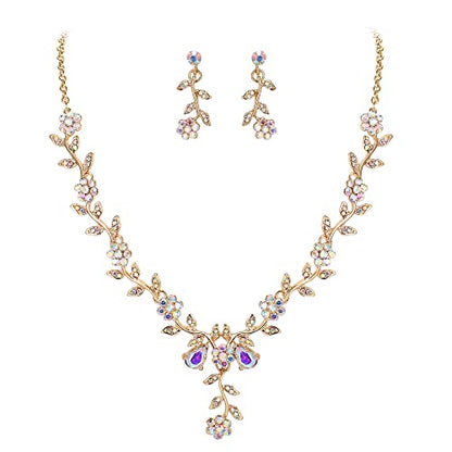 Women's Wedding Jewelry Set for Bride,Prom Bridal Accessories | Bling Crystal,Flower Leaf Cluster,Dangle Earrings Pendant Necklace Set,for Bridesmaid,Party Jewellery - color: 07-Iridescent AB Gold-Plated-Base