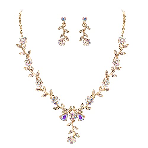 Women's Wedding Jewelry Set for Bride,Prom Bridal Accessories | Bling Crystal,Flower Leaf Cluster,Dangle Earrings Pendant Necklace Set,for Bridesmaid,Party Jewellery - color: 07-Iridescent AB Gold-Plated-Base