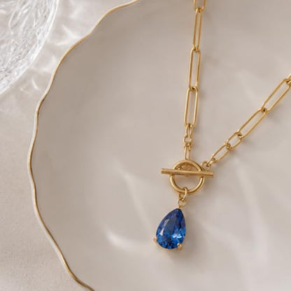 Teardrop CZ Pendant Paperclip Chain Necklace 18K Plated Paperclip Toggle Necklace Jewelry Birthstone Gift for Women - color: Tanzanite-December