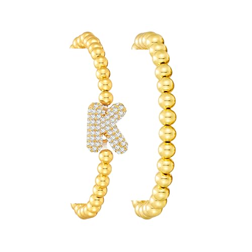 Initial Stack Bracelet Set for Women Trendy 14K Gold Plated Beaded Stackable Stacking Stretch Name Bracelets Dainty Friendship Waterproof Charm Cute Birthday Jewelry Gifts for Women - color: Initial K