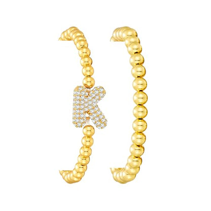 Initial Stack Bracelet Set for Women Trendy 14K Gold Plated Beaded Stackable Stacking Stretch Name Bracelets Dainty Friendship Waterproof Charm Cute Birthday Jewelry Gifts for Women - color: Initial K