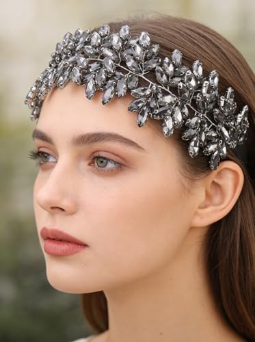 Missgrace Women Silver Green Black Red Blue Handmade Full Crystal Rhinestone Large Headband Hair Vine Shinny Headpiece Bridal Wedding Hair Accessories for Women (Grey) - color: Grey