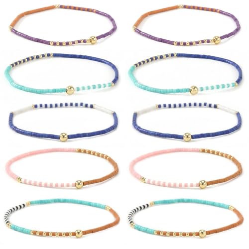 Colorful Stackable Rice Small Mini Seed Beaded Bracelets Set For Women, Handmade Dainty Boho Gold Glass Stretch Accessories Jewelry,Summer Beach Party Daily Friendship Gift - color: 10Pcs Blue Pink Brown