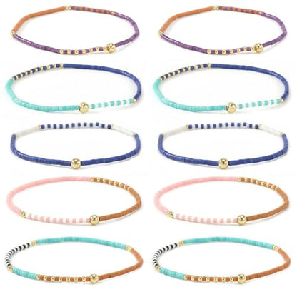 Colorful Stackable Rice Small Mini Seed Beaded Bracelets Set For Women, Handmade Dainty Boho Gold Glass Stretch Accessories Jewelry,Summer Beach Party Daily Friendship Gift - color: 10Pcs Blue Pink Brown