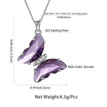 Aurora Tears Butterfly Necklace Earrings Ring Bracelet - Women 925 Sterling Silver Animal Butterflies Birthstone Pendant Crystal Wedding Birthday Jewelry - color: pendant-B.February-purple