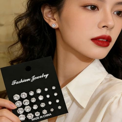 24 Pcs Pearl Earrings Studs for Women Ladies Hypoallergenic White Faux Simulated Pearl Rhinestone Earrings Stud Earrings Jewelry Set for Wedding Party - color: Silver