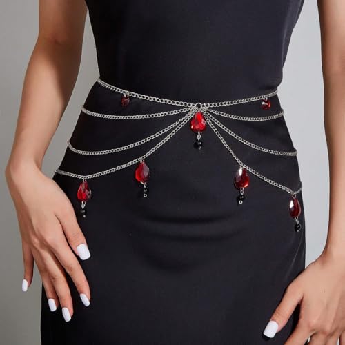 Gothic Crystal Tassel Waist Chain for Women White Red Crystal Waterdrop Chain Waist Chain Multilayered Punk Metal Waist Chain Goth Vampire Jewelry Christmas Halloween Wedding Party Daily Party Birthday Dress Costume Jewelry