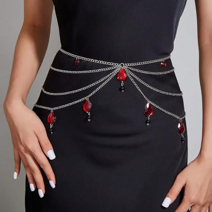 Gothic Crystal Tassel Waist Chain for Women White Red Crystal Waterdrop Chain Waist Chain Multilayered Punk Metal Waist Chain Goth Vampire Jewelry Christmas Halloween Wedding Party Daily Party Birthday Dress Costume Jewelry