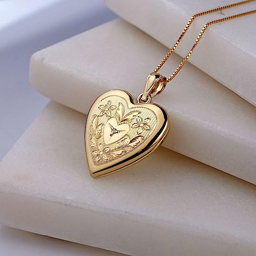 PicturesOnGold.com 14K Gold Filled Floral Heart Photo Locket with Diamond - 3/4 inch x 3/4 inch - Includes 18 inch Chain - style: Locket + 1 Photo