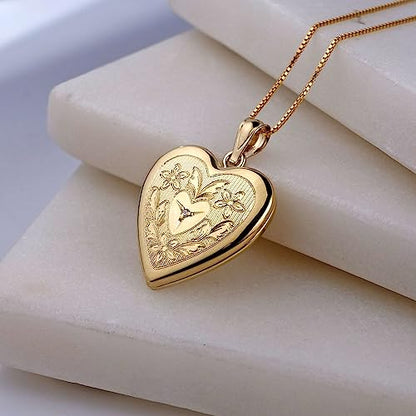 PicturesOnGold.com 14K Gold Filled Floral Heart Photo Locket with Diamond - 3/4 inch x 3/4 inch - Includes 18 inch Chain - style: Locket + 2 Photos + Engraving