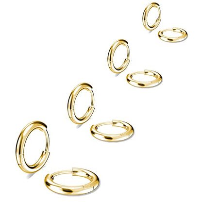 316L Surgical Stainless Steel Small Hoop Earrings 8mm 10mm 12mm 14mm Hypoallergenic Huggie Hoop Earrings Helix Lobes Hinged Sleeper Earrings Cartilage Piercings - color: F: Gold (Diameter 8mm/10mm/12mm/14mm),4 Pairs