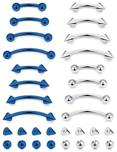 Jenxnjsjo 16g 6/8/10/12mm Silver/Gold/Black Eyebrow/Rook/Snug/Vertical-Labret/VCH/Snake-Eyes/Anti-Tragus/Christina/Daith/Belly-Button/Bridge/Hood/Surface Curved Barbell Piercing Jewelry for Women Men - color: Silver & Blue
