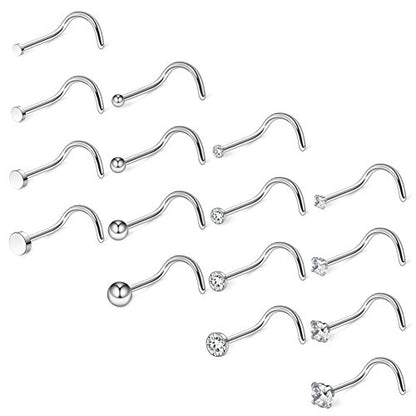 Ruifan 20G 18G Surgical Steel 1.5mm-3mm Flat Ball Clear Diamond CZ Nose Stud Rings Screw Piercing Jewelry 16-26PCS - color: 18G: 16PCS - Silver