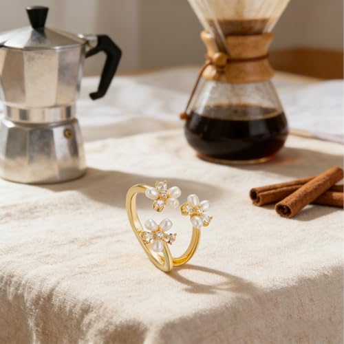 Adjustable Open Flower Rings for Women, 14K Gold Plated Dainty Cherry Blossom Rings with Cubic Zirconia/Enamel/Beads, Cute Floral Statement Rings Jewelry Gifts for Birthday Mother's Day