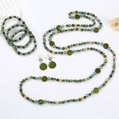 Trendy Infinity Wrap 60’’ Long Statement Necklace, Earrings and Bracelet Set - Hand Knotted Versatile Crystal and Shell Beads Strand Necklace and Chunky Beaded Stretch Bracelet Stack – Jewelry Set Gift for Women - color: Olive Green