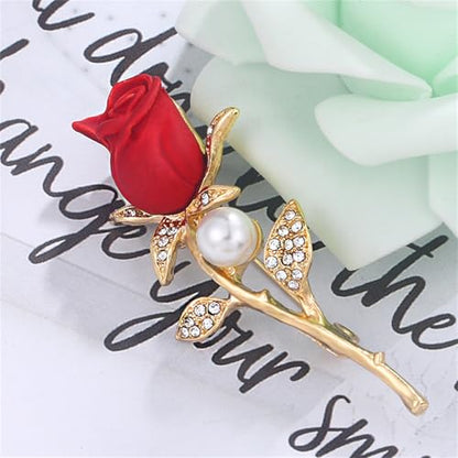 Rose Flower Brooch Pin for Women Fashion Dainty Gold Plated 3D Red Roses Floral Crystal Brooch Pin Birthday Dress Suit Accessories Jewelry - style: Rose Pearl 1