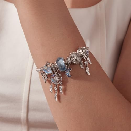 Celestial Bead Charms for Bracelets, Star Moon Dreamcatcher Dangle Charms, Silver Tone Copper, Glass Resin CZ Accents, Charm Beads for Women Jewelry Making, Gift Box Included - color: Opal Crescent Moon Dangle Charm