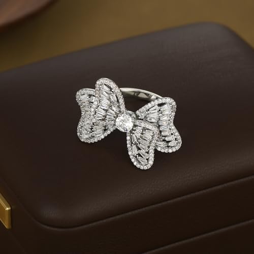 Luxury Rhinestone Bowknot Open Ring For Women Gold Silver Plated Adjustable Sparkly CZ Crystal Butterfly Finger Band Statement Bow Tie Ribbon Rings Fashion Shiny Wedding Promise Cocktail Jewelry For Her Gifts - color: Silver