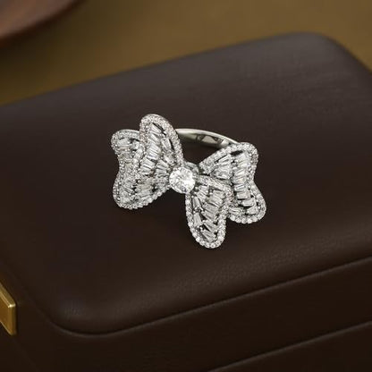 Luxury Rhinestone Bowknot Open Ring For Women Gold Silver Plated Adjustable Sparkly CZ Crystal Butterfly Finger Band Statement Bow Tie Ribbon Rings Fashion Shiny Wedding Promise Cocktail Jewelry For Her Gifts - color: Silver
