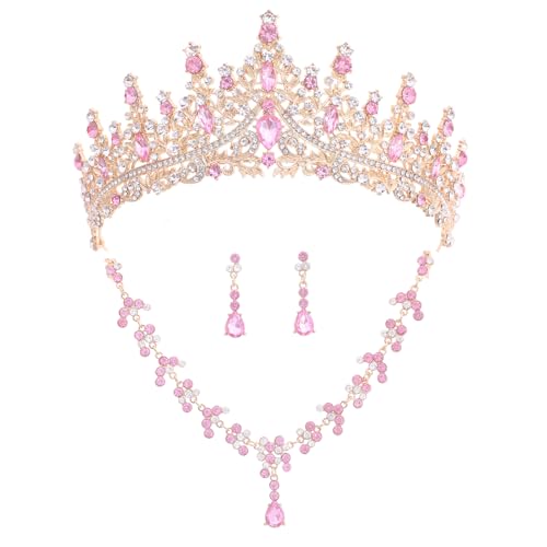 Crystal Crown and Tiara Jewelry Set for Women Bride with Necklace Earrings | Metal Rhinestone Royal Queen Princess Jewelry Set Wedding Quinceanera Pageant Prom Birthday Halloween Party Costume Gift - color: Style E-Pink