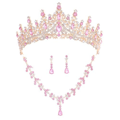 Crystal Crown and Tiara Jewelry Set for Women Bride with Necklace Earrings | Metal Rhinestone Royal Queen Princess Jewelry Set Wedding Quinceanera Pageant Prom Birthday Halloween Party Costume Gift - color: Style E-Pink