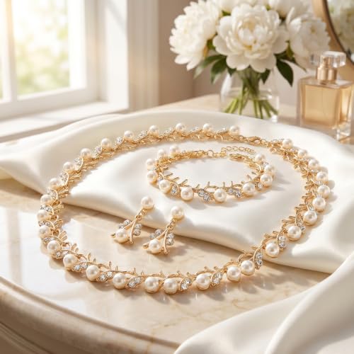 Heliltd Rhinestone Pearl Jewelry Set for woman - color: Gold
