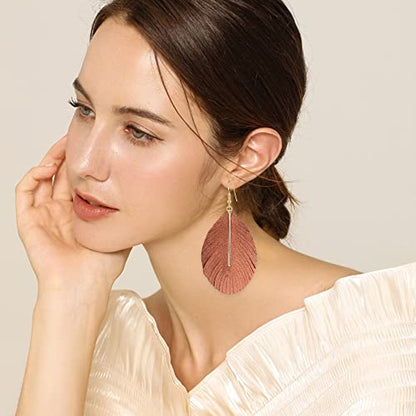 YUNXI Large Genuine Soft Leather Handmade Fringe Feather Lightweight Leaf with Simple Drop Metal Bar Tear Drop Dangle Color Earrings for Women - color: Brown