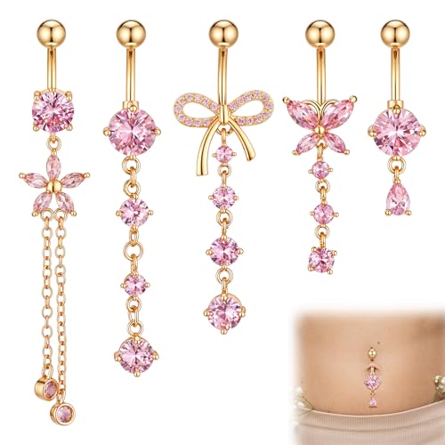 5pcs Gold Plated Pink Dangle Belly Button Rings, Clear CZ Belly Button Jewelry, Butterfly Bow Flower Cute Belly Button Rings for Women, Stainless Steel Dainty Dangly Dangling Belly Button Piercing
