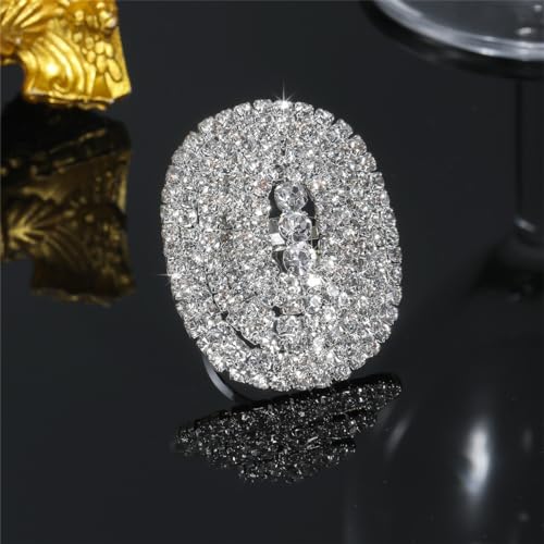 Rhinestone Finger Ring for Women Sparkly Crystal Butterfly Flower Leaf Adjustable Statement Chain Rings Punk Jewelry - color: Silver Oval