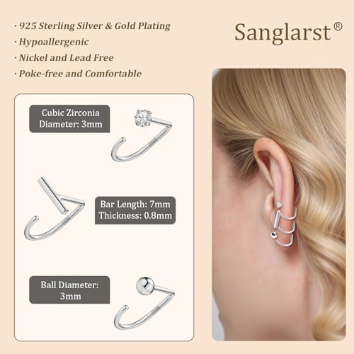 925 Sterling Silver 14K Gold Plated Huggie Half Hoop Earrings | Sleep-Friendly Poke-Free Hypoallergenic Stackable Earring Comfortable & All Day Wear - color: 3pack-White Gold