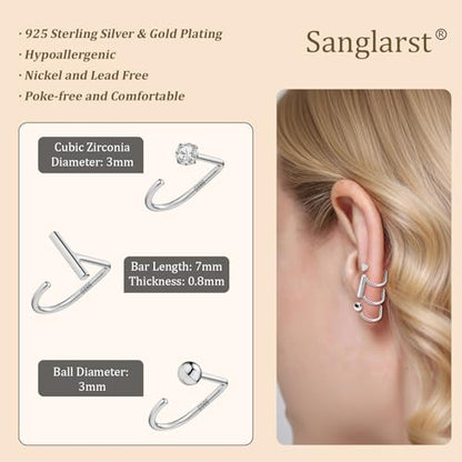 925 Sterling Silver 14K Gold Plated Huggie Half Hoop Earrings | Sleep-Friendly Poke-Free Hypoallergenic Stackable Earring Comfortable & All Day Wear - color: Ball-White Gold