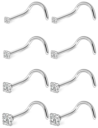 Hoeudjo Hypoallergenic Nose Rings Studs 24G Surgical Stainless Steel Cubic Zirconia Nose Studs for Women Men Screw & Bone & L Shaped Nostril Piercing Jewelry with 1.5mm 2mm 2.5mm 3mm CZ - color: silvertone,screw nose studs
