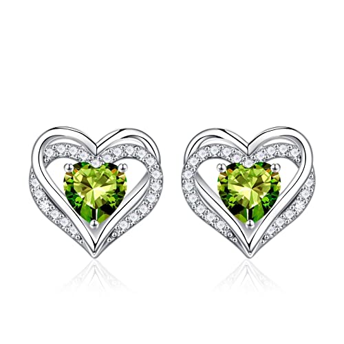 Iefil Birthstone Earrings for Women - 925 Sterling Silver Heart Stud Earrings Birthday Gifts for Women - color: 08-Aug-Created Peridot